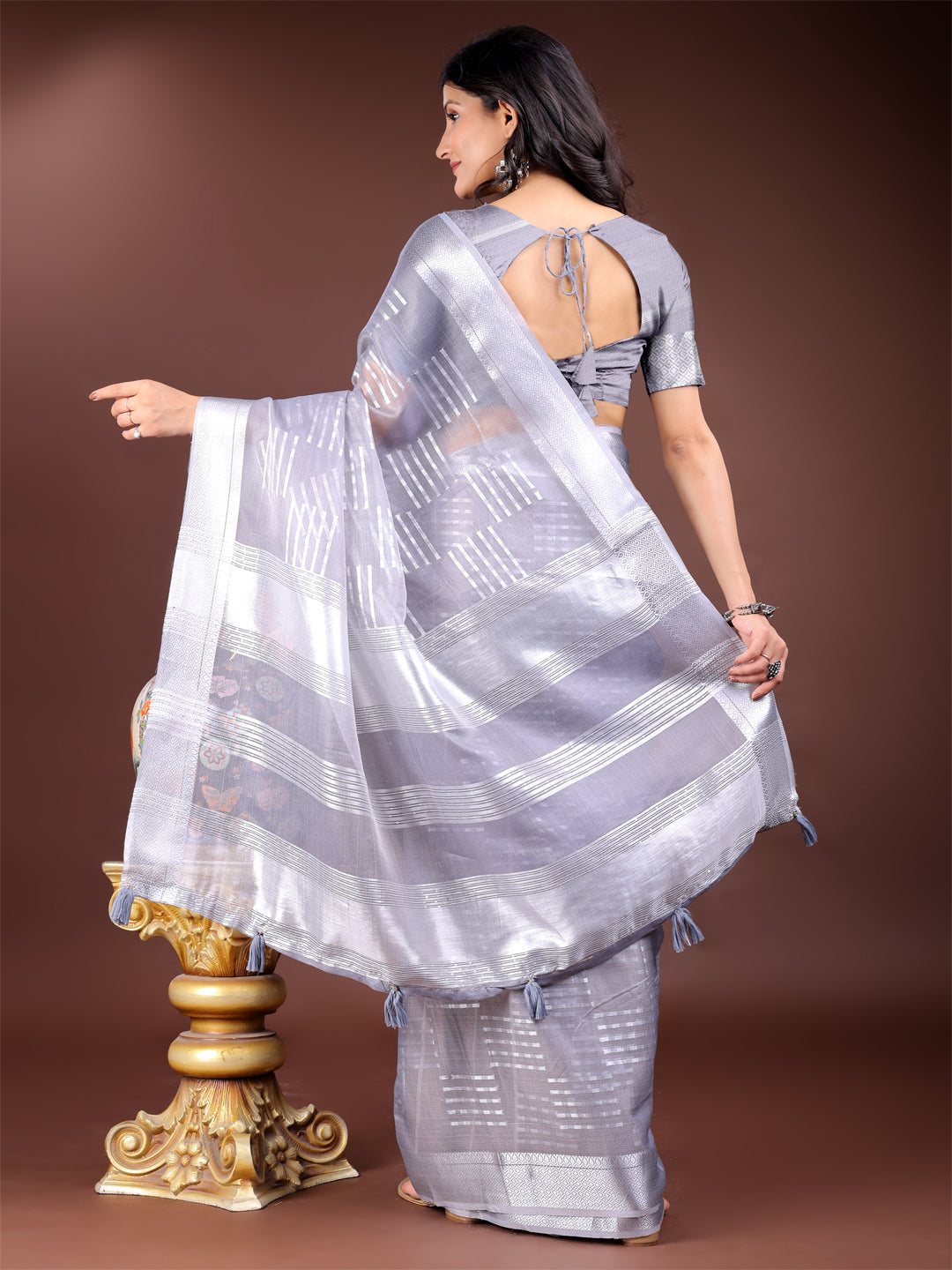 Astita Grey Organza Saree with Silver Zari Border & Pallu Tassels – Elegant Traditional Saree for Women