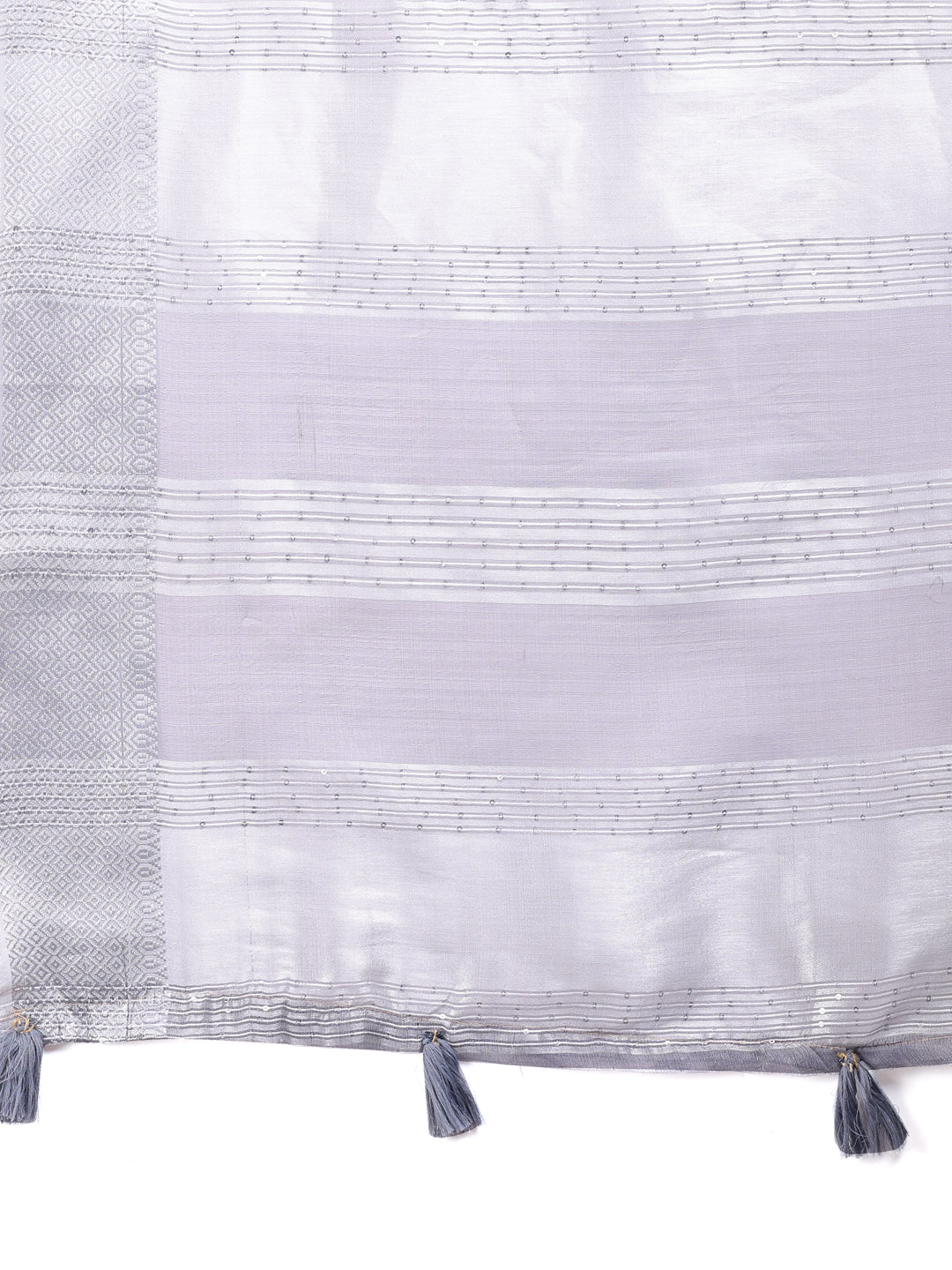 Astita Grey Organza Saree with Silver Zari Border & Pallu Tassels – Elegant Traditional Saree for Women