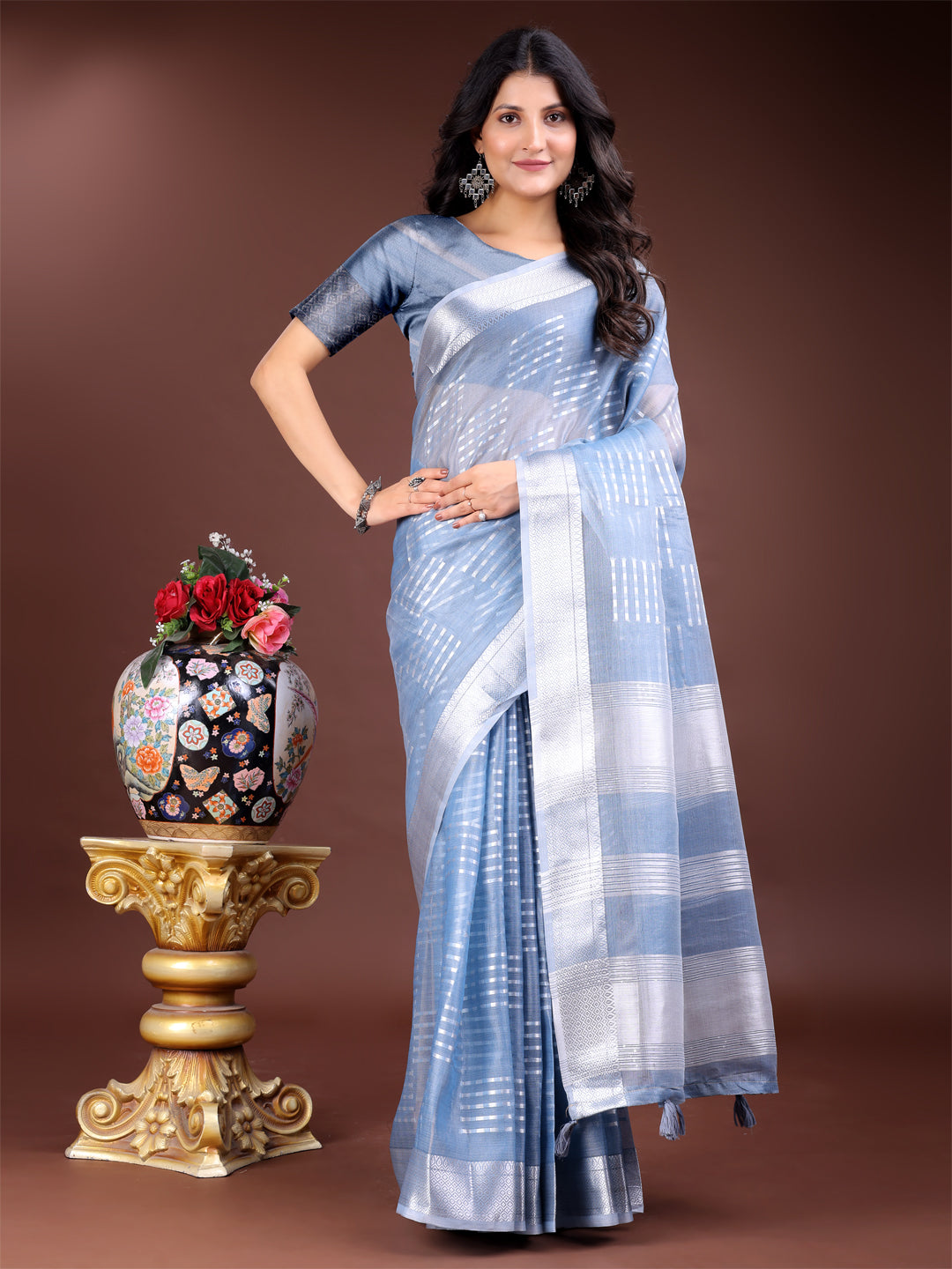 Astita Sky Blue Organza Saree with Silver Zari Border & Pallu Tassels – Elegant Traditional Saree for Women