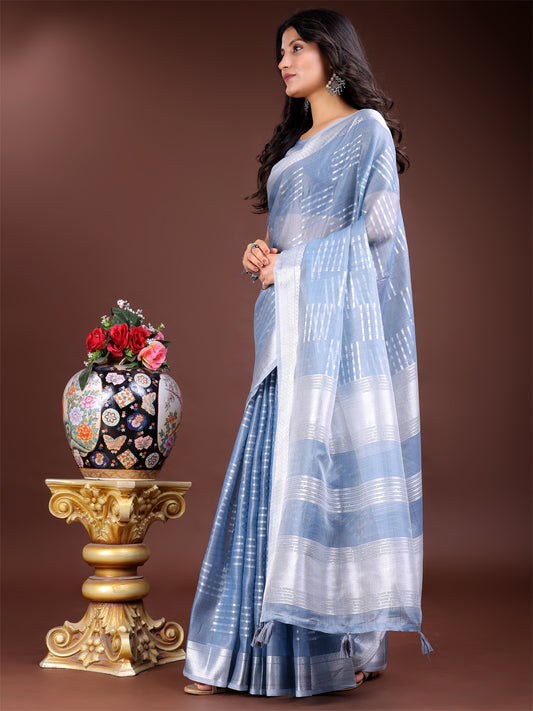 Astita Sky Blue Organza Saree with Silver Zari Border & Pallu Tassels – Elegant Traditional Saree for Women