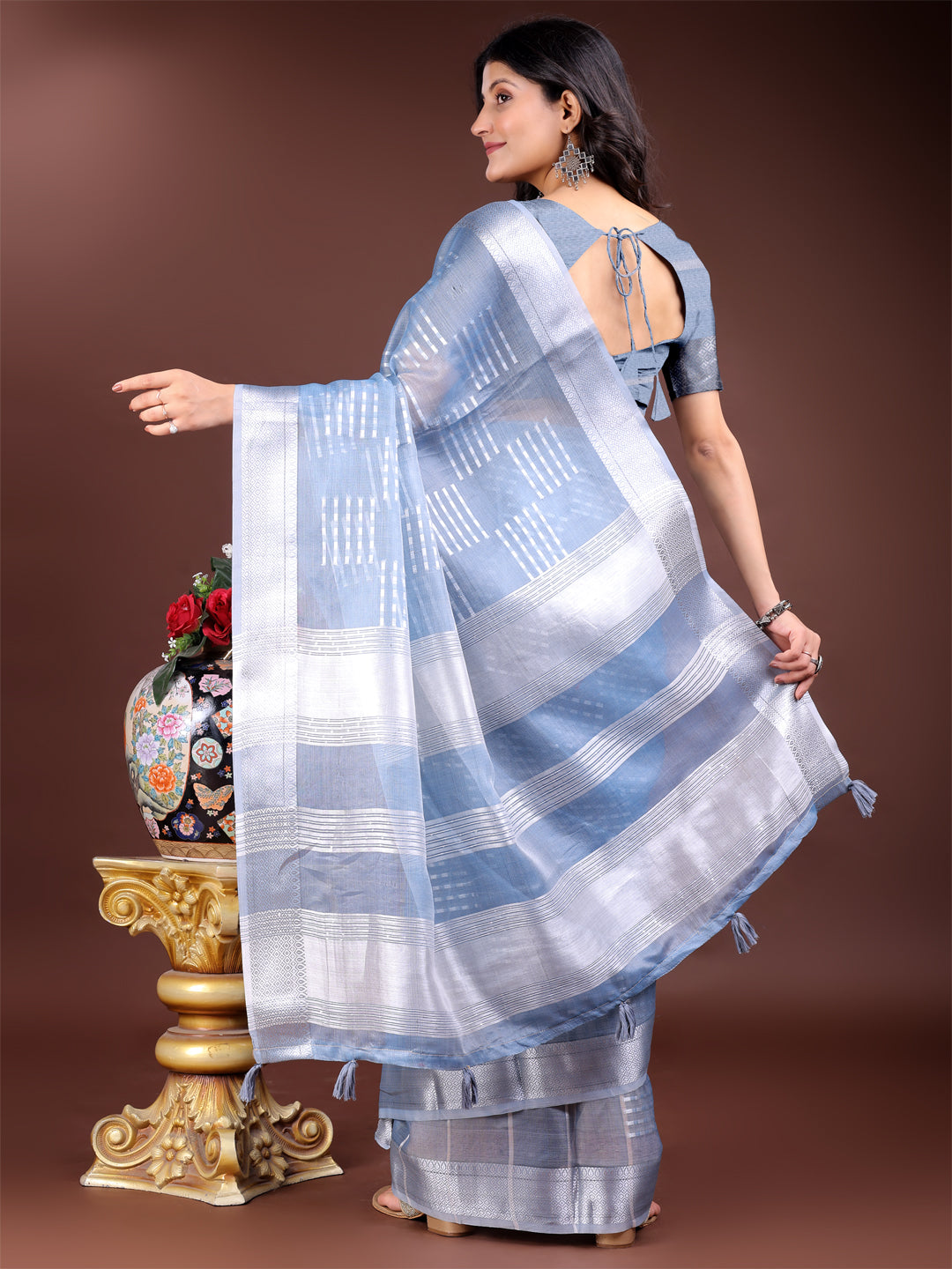Astita Sky Blue Organza Saree with Silver Zari Border & Pallu Tassels – Elegant Traditional Saree for Women