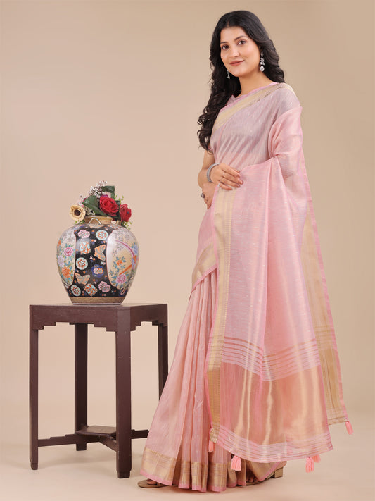 Astita Light Pink Organza Saree with Zari Border & Tassel Pallu – Lightweight Festive Saree for Women