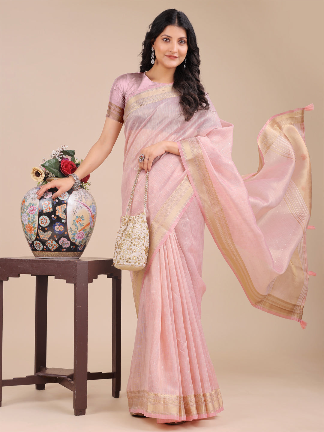 Astita Light Pink Organza Saree with Zari Border & Tassel Pallu – Lightweight Festive Saree for Women