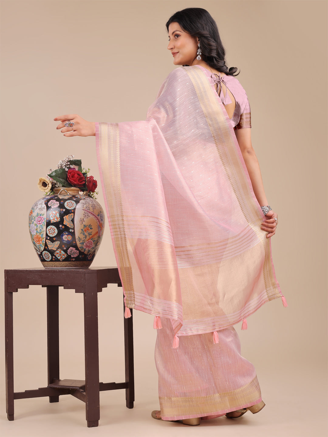 Astita Light Pink Organza Saree with Zari Border & Tassel Pallu – Lightweight Festive Saree for Women