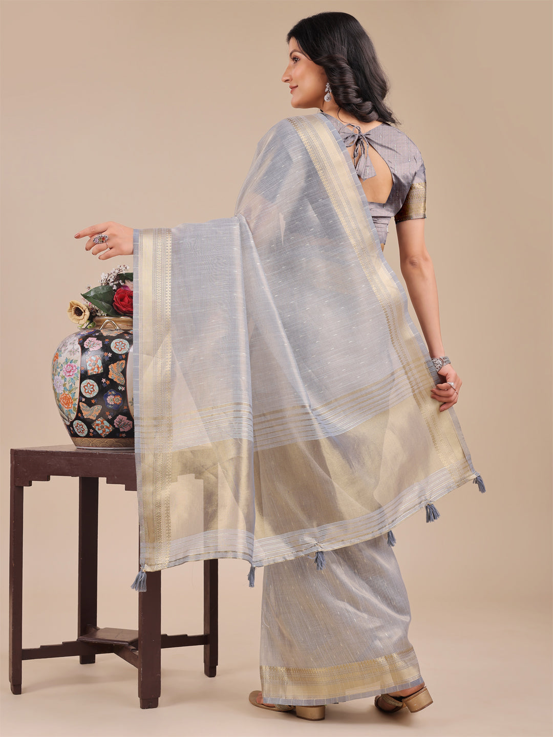 Astita Grey Organza Saree with Zari Border & Tassel Pallu – Lightweight Festive Saree for Women