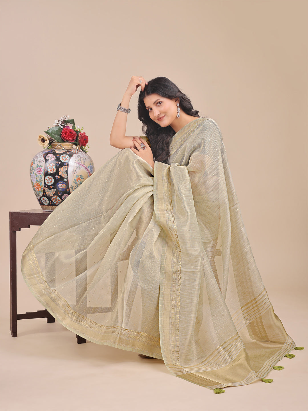 Astita Cream Organza Saree with Zari Border & Tassel Pallu – Lightweight Festive Saree for Women