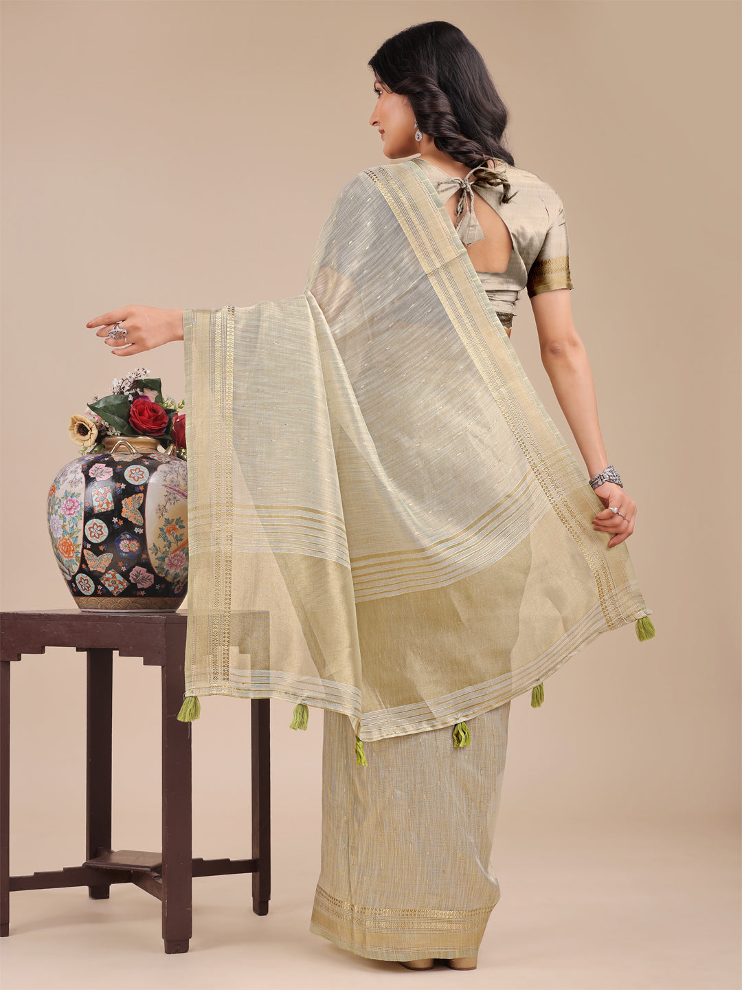 Astita Cream Organza Saree with Zari Border & Tassel Pallu – Lightweight Festive Saree for Women