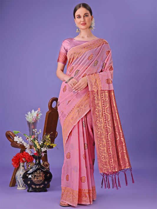 Astita Light Pink Woven Zari Traditional Linen Cotton Saree with Rich Pallu & Unstitched Blouse – Festive & Wedding Wear Saree