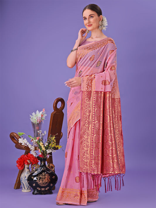 Astita Light Pink Woven Zari Traditional Linen Cotton Saree with Rich Pallu & Unstitched Blouse – Festive & Wedding Wear Saree