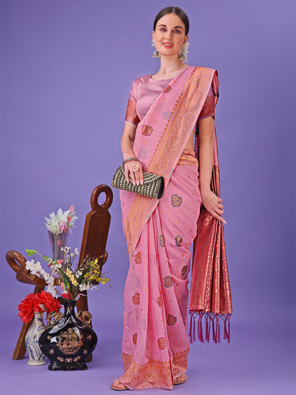 Astita Light Pink Woven Zari Traditional Linen Cotton Saree with Rich Pallu & Unstitched Blouse – Festive & Wedding Wear Saree