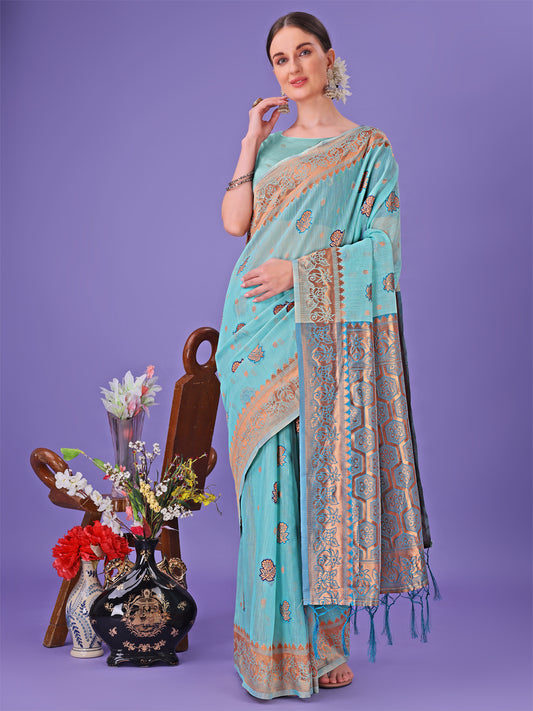 Astita Sea Green Woven Zari Traditional Linen Cotton Saree with Rich Pallu & Unstitched Blouse – Festive & Wedding Wear Saree
