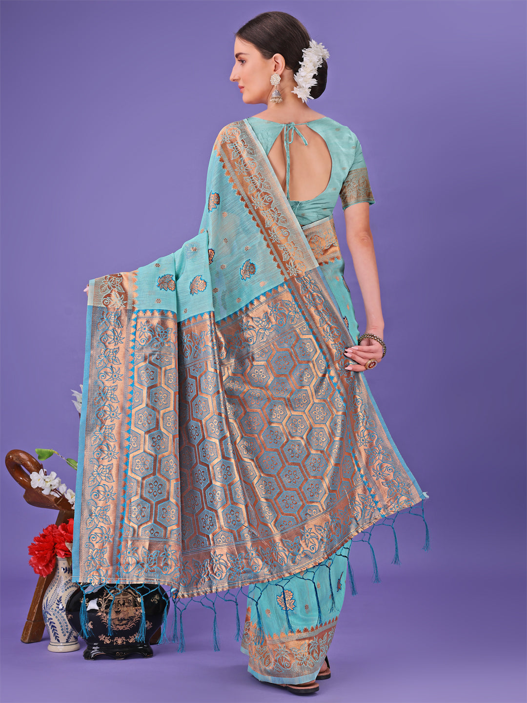 Astita Sea Green Woven Zari Traditional Linen Cotton Saree with Rich Pallu & Unstitched Blouse – Festive & Wedding Wear Saree