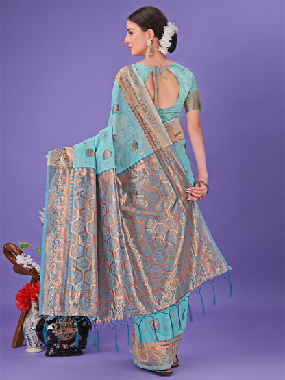 Astita Sea Green Woven Zari Traditional Linen Cotton Saree with Rich Pallu & Unstitched Blouse – Festive & Wedding Wear Saree