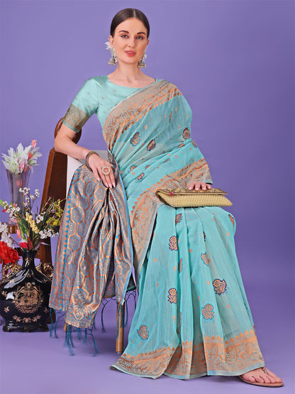 Astita Sea Green Woven Zari Traditional Linen Cotton Saree with Rich Pallu & Unstitched Blouse – Festive & Wedding Wear Saree