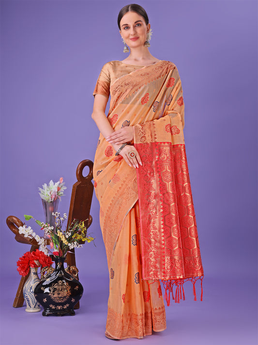 Astita Orange Woven Zari Traditional Linen Cotton Saree with Rich Pallu & Unstitched Blouse – Festive & Wedding Wear Saree