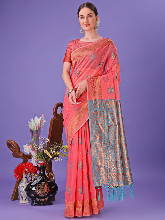 Astita Pink Woven Zari Traditional Linen Cotton Saree with Rich Pallu & Unstitched Blouse – Festive & Wedding Wear Saree