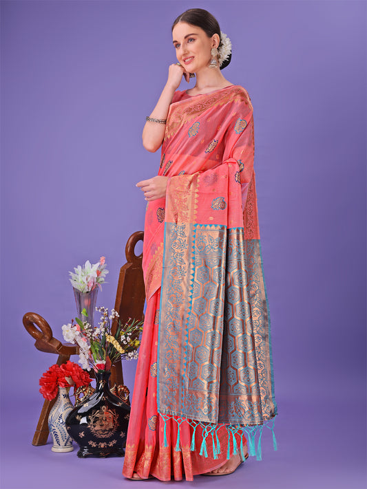 Astita Pink Woven Zari Traditional Linen Cotton Saree with Rich Pallu & Unstitched Blouse – Festive & Wedding Wear Saree