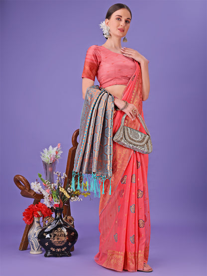 Astita Pink Woven Zari Traditional Linen Cotton Saree with Rich Pallu & Unstitched Blouse – Festive & Wedding Wear Saree