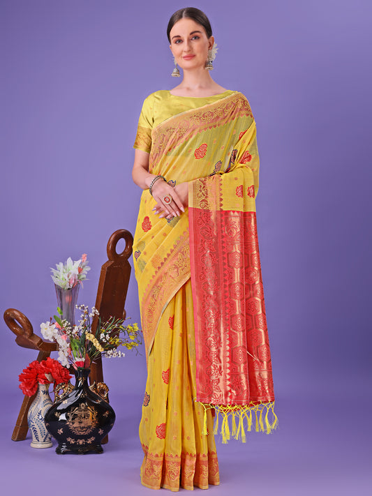 Astita Yellow Woven Zari Traditional Linen Cotton Saree with Rich Pallu & Unstitched Blouse – Festive & Wedding Wear Saree