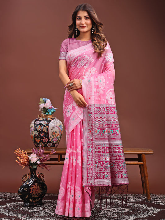 Astita Elegant Pink Linen Cotton Saree with Traditional Red Pallu & Blouse Piece