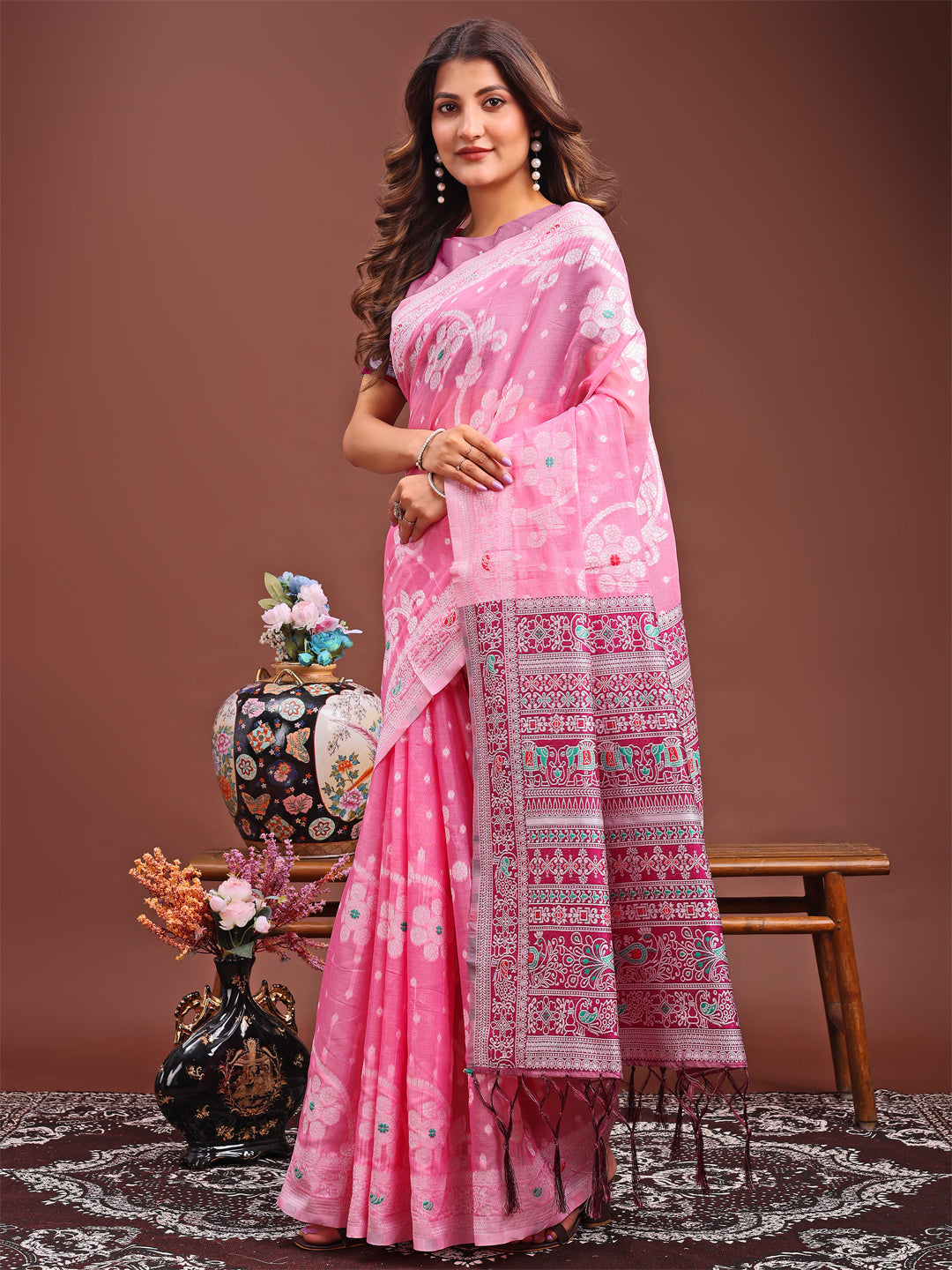 Astita Elegant Pink Linen Cotton Saree with Traditional Red Pallu & Blouse Piece