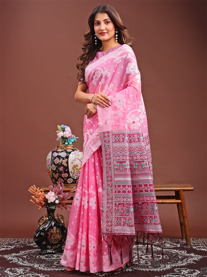 Astita Elegant Pink Linen Cotton Saree with Traditional Red Pallu & Blouse Piece