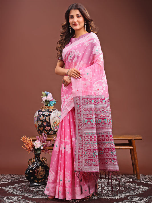 Astita Elegant Pink Linen Cotton Saree with Traditional Red Pallu & Blouse Piece