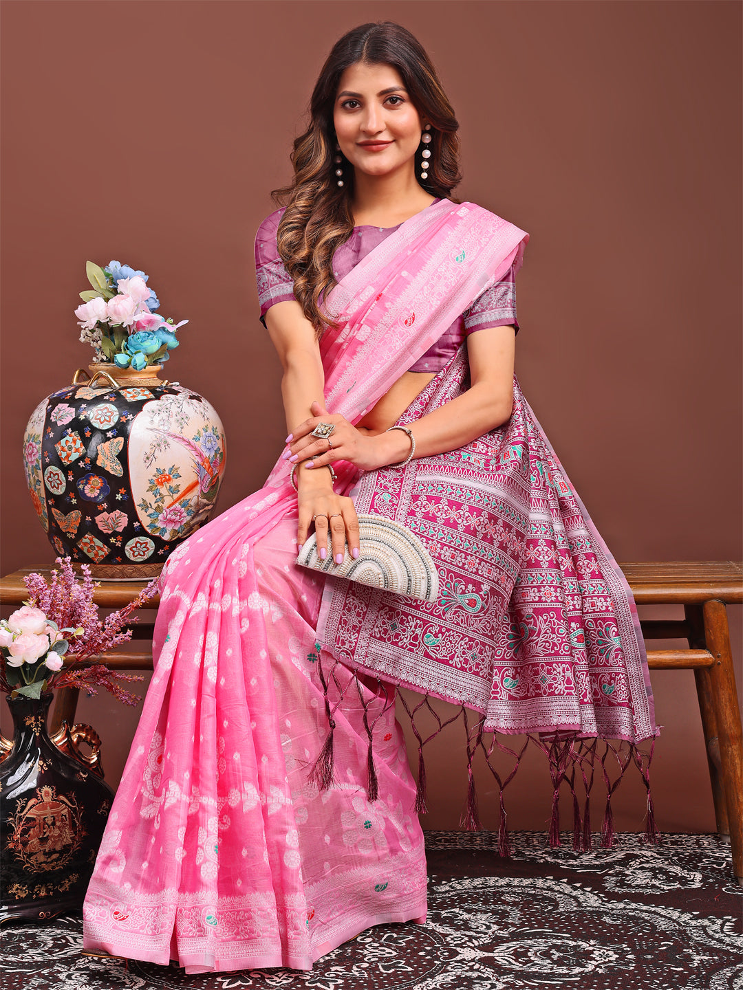 Astita Elegant Pink Linen Cotton Saree with Traditional Red Pallu & Blouse Piece