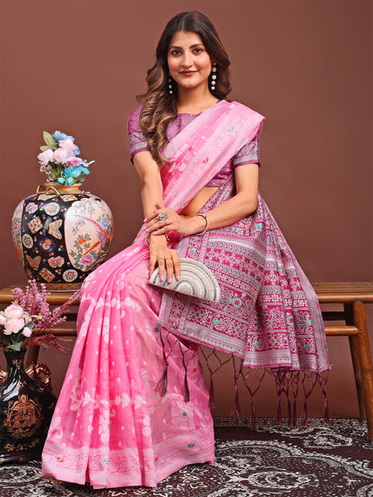 Astita Elegant Pink Linen Cotton Saree with Traditional Red Pallu & Blouse Piece