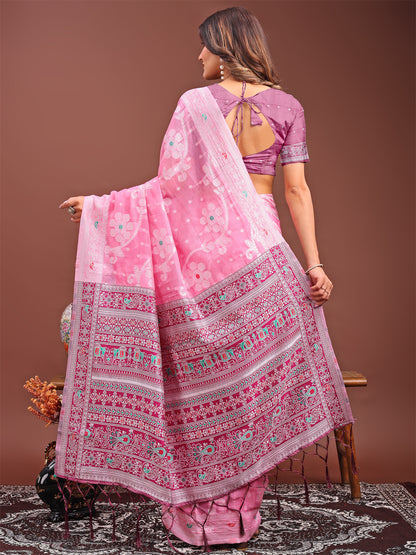Astita Elegant Pink Linen Cotton Saree with Traditional Red Pallu & Blouse Piece