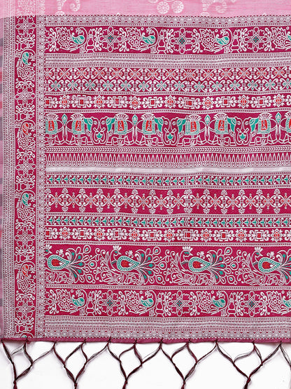 Astita Elegant Pink Linen Cotton Saree with Traditional Red Pallu & Blouse Piece