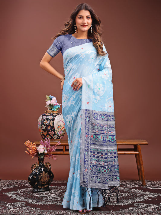 Astita Elegant Sky Blue Linen Cotton Saree with Traditional Red Pallu & Blouse Piece
