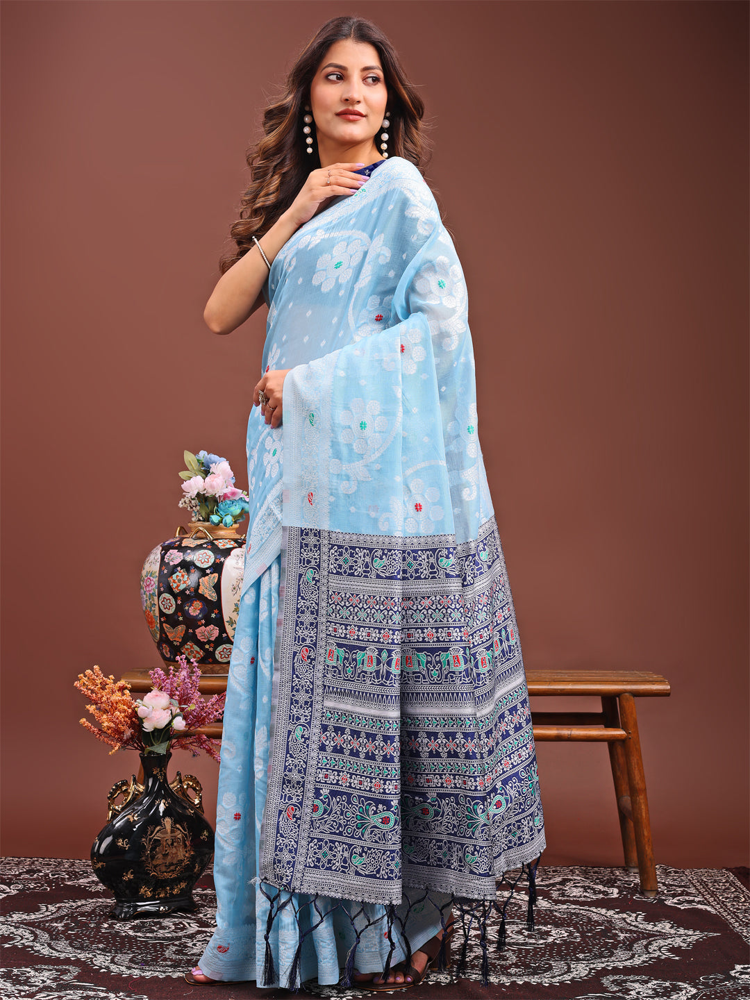 Astita Elegant Sky Blue Linen Cotton Saree with Traditional Red Pallu & Blouse Piece