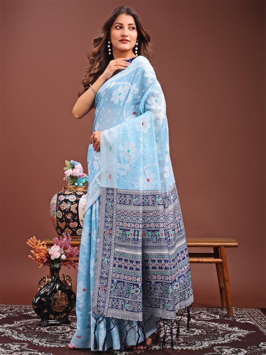 Astita Elegant Sky Blue Linen Cotton Saree with Traditional Red Pallu & Blouse Piece