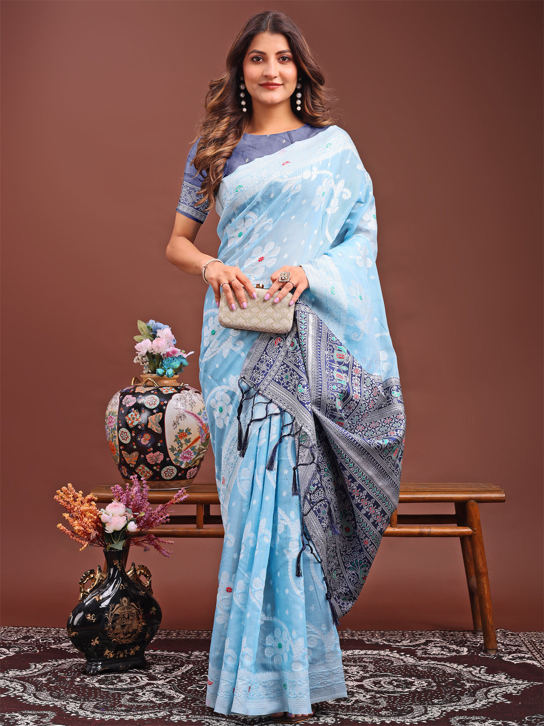 Astita Elegant Sky Blue Linen Cotton Saree with Traditional Red Pallu & Blouse Piece