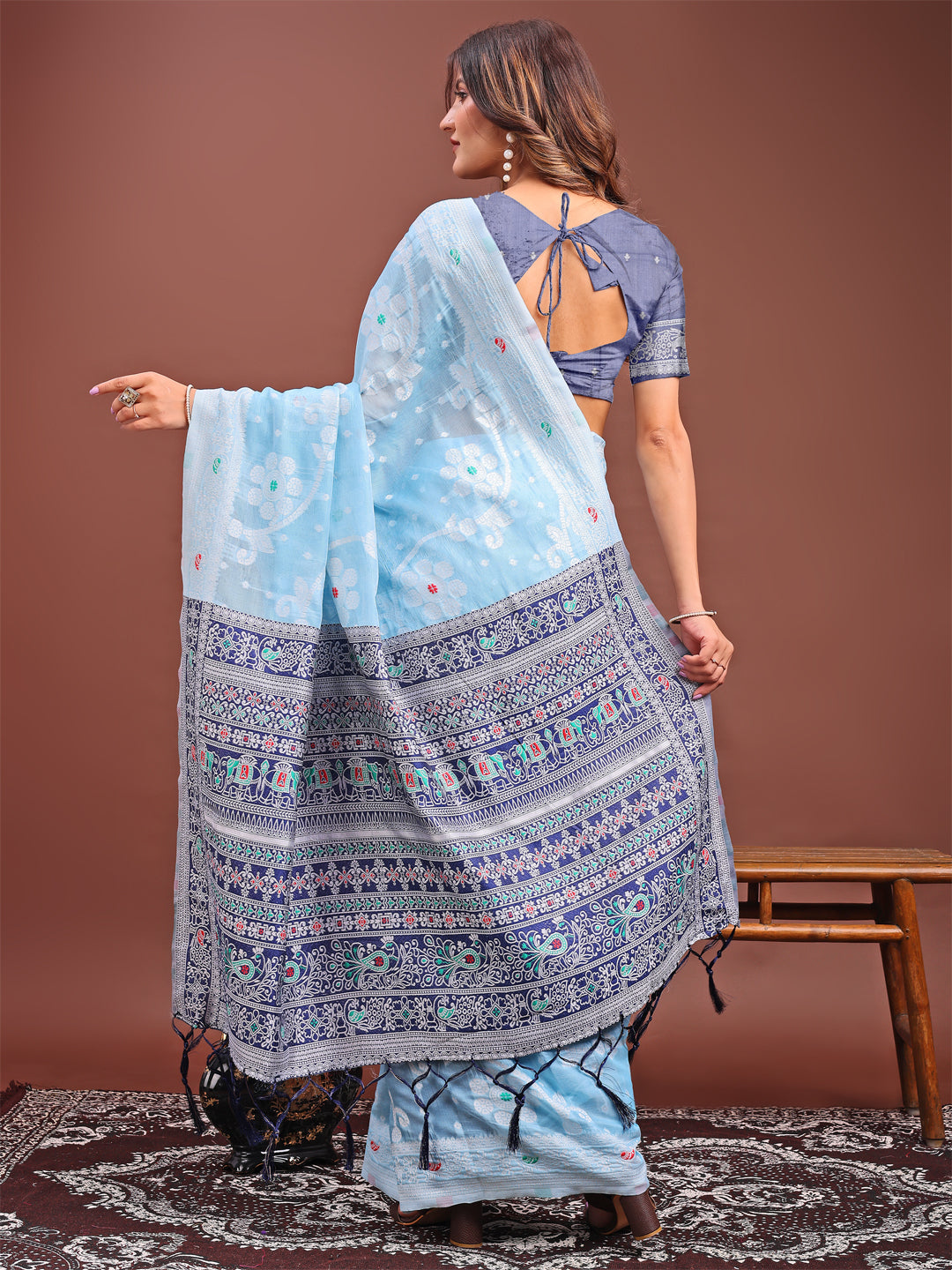 Astita Elegant Sky Blue Linen Cotton Saree with Traditional Red Pallu & Blouse Piece