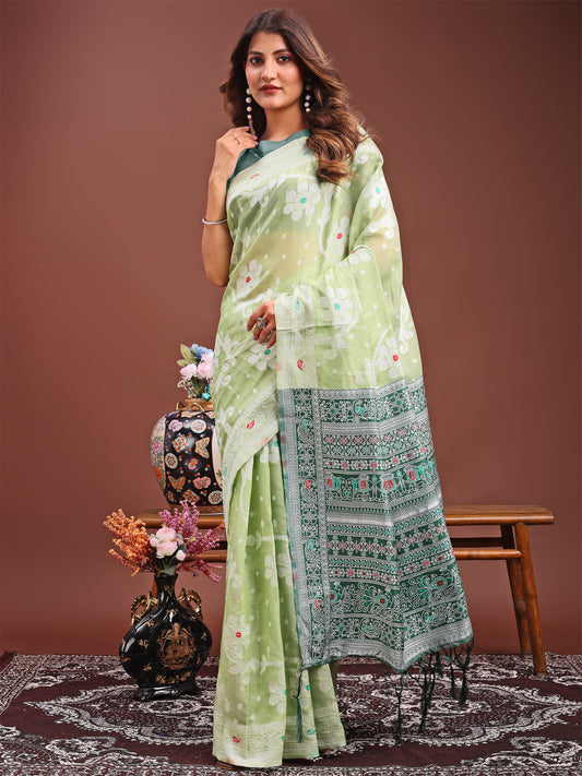 Astita Elegant Light Green Linen Cotton Saree with Traditional Red Pallu & Blouse Piece