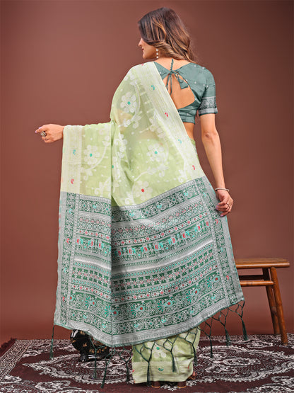 Astita Elegant Light Green Linen Cotton Saree with Traditional Red Pallu & Blouse Piece