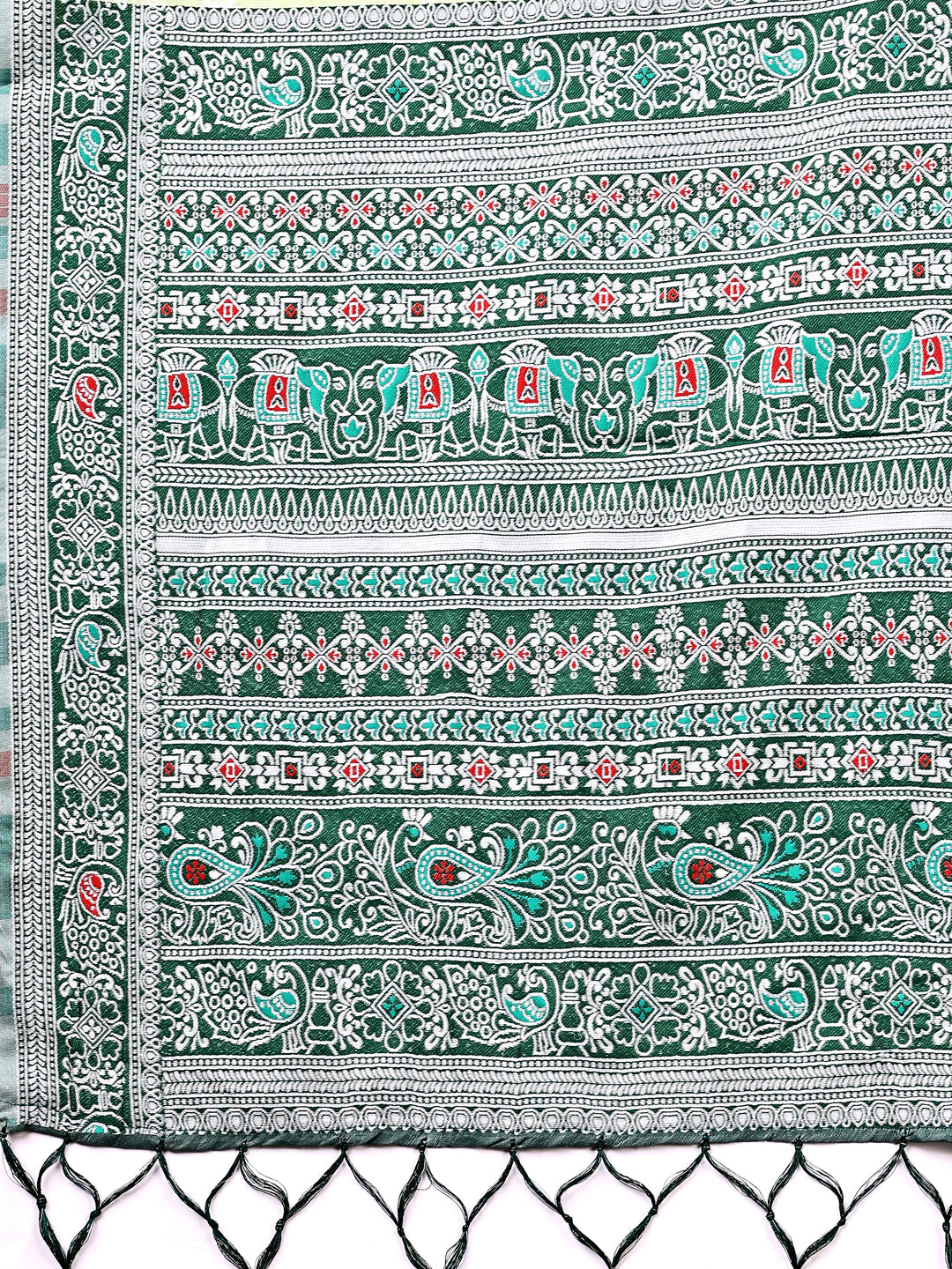 Astita Elegant Light Green Linen Cotton Saree with Traditional Red Pallu & Blouse Piece