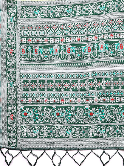 Astita Elegant Light Green Linen Cotton Saree with Traditional Red Pallu & Blouse Piece