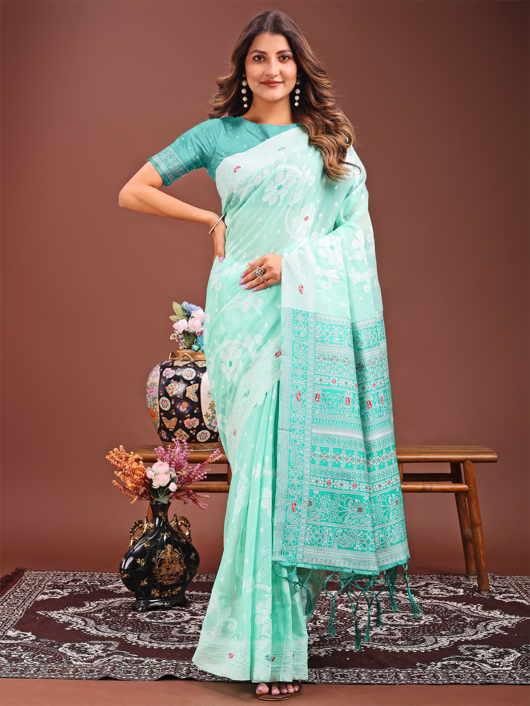 Astita Elegant Sea Green Linen Cotton Saree with Traditional Red Pallu & Blouse Piece