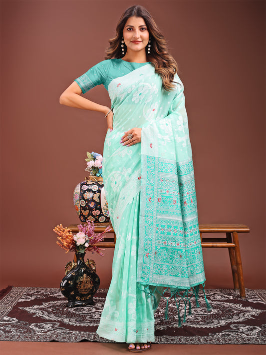 Astita Elegant Sea Green Linen Cotton Saree with Traditional Red Pallu & Blouse Piece