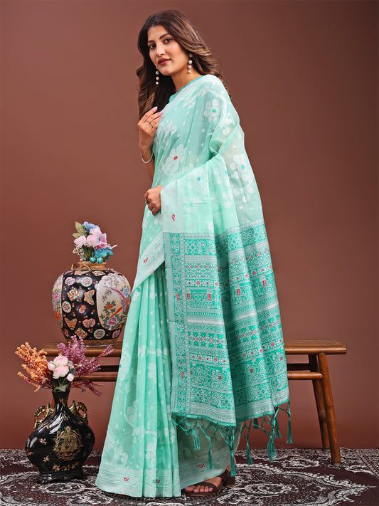 Astita Elegant Sea Green Linen Cotton Saree with Traditional Red Pallu & Blouse Piece