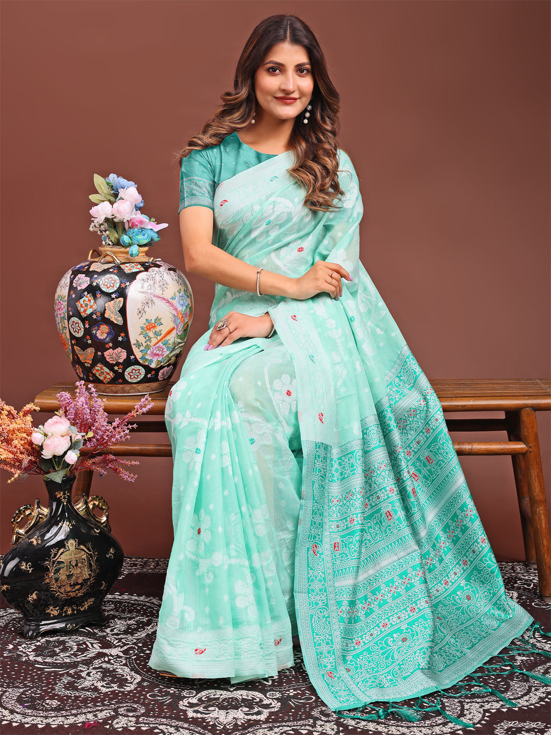 Astita Elegant Sea Green Linen Cotton Saree with Traditional Red Pallu & Blouse Piece