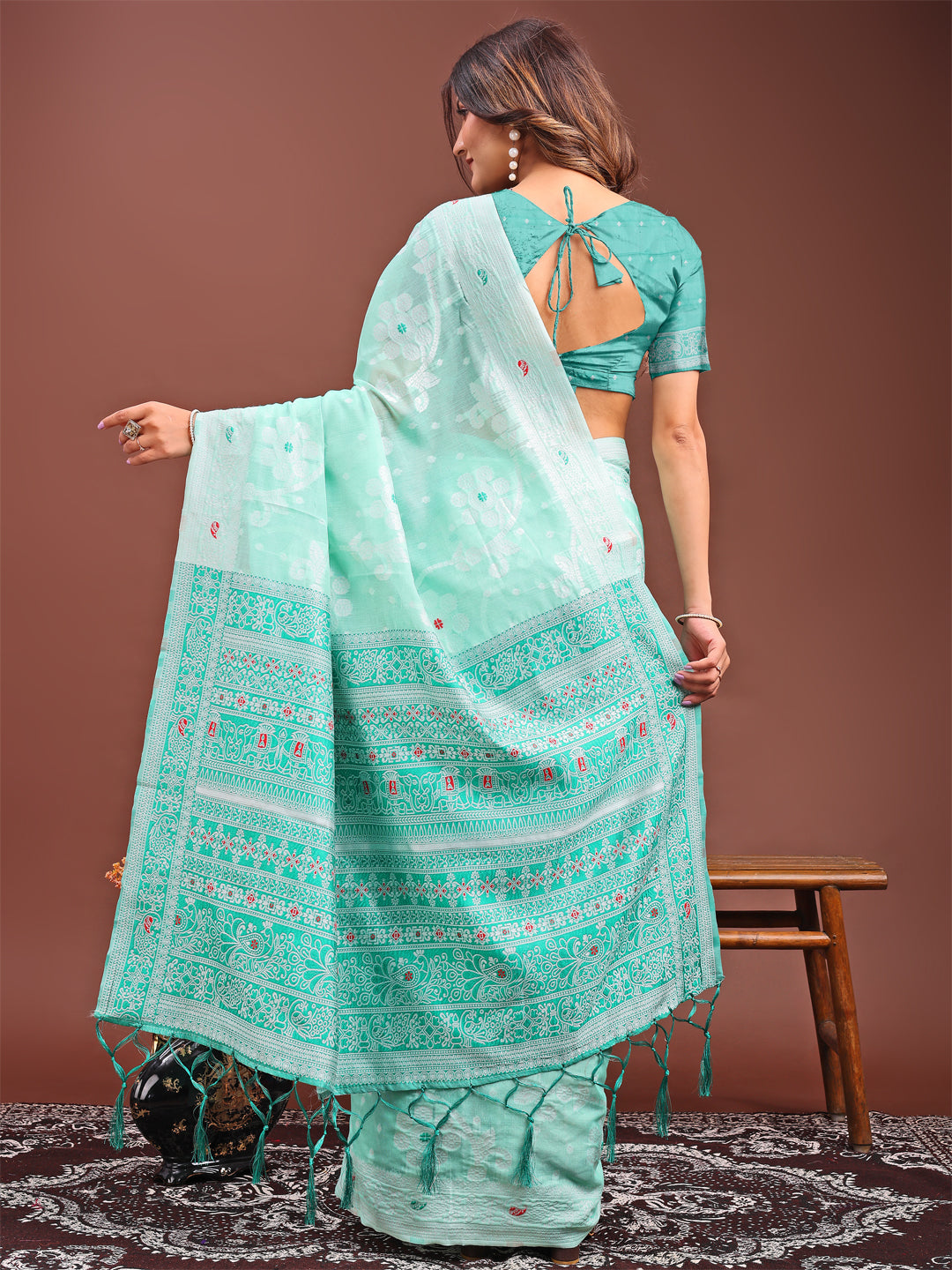Astita Elegant Sea Green Linen Cotton Saree with Traditional Red Pallu & Blouse Piece
