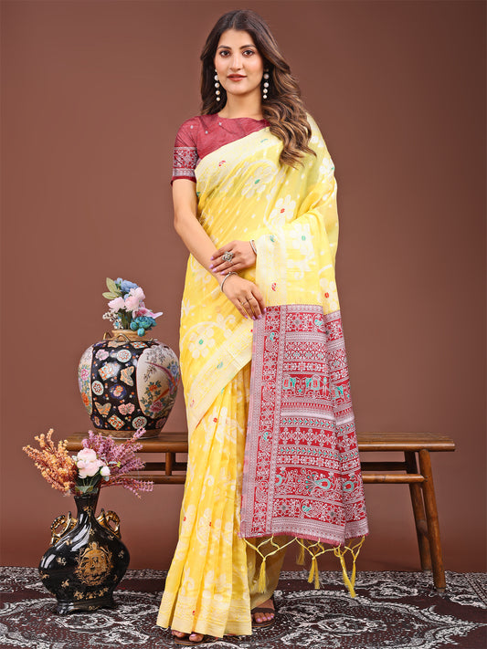 Astita Elegant Yellow Linen Cotton Saree with Traditional Red Pallu & Blouse Piece