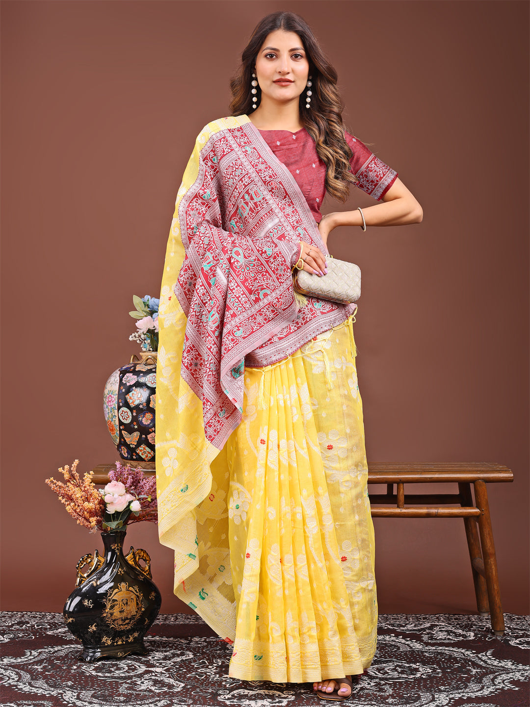 Astita Elegant Yellow Linen Cotton Saree with Traditional Red Pallu & Blouse Piece