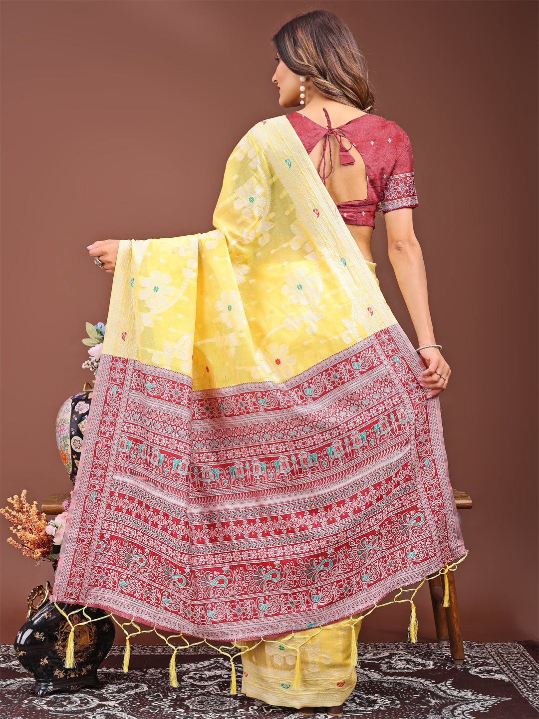 Astita Elegant Yellow Linen Cotton Saree with Traditional Red Pallu & Blouse Piece