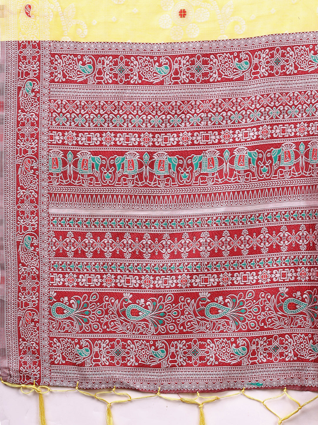 Astita Elegant Yellow Linen Cotton Saree with Traditional Red Pallu & Blouse Piece