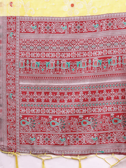 Astita Elegant Yellow Linen Cotton Saree with Traditional Red Pallu & Blouse Piece